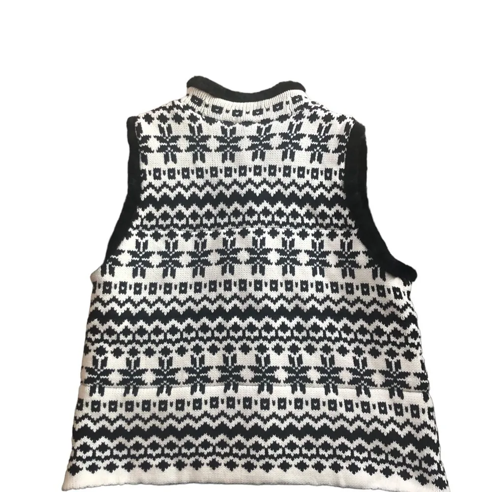 Talbots Woman Black/White Nordic Sweater Vest with Fur Trim Black White 2X - Image 4