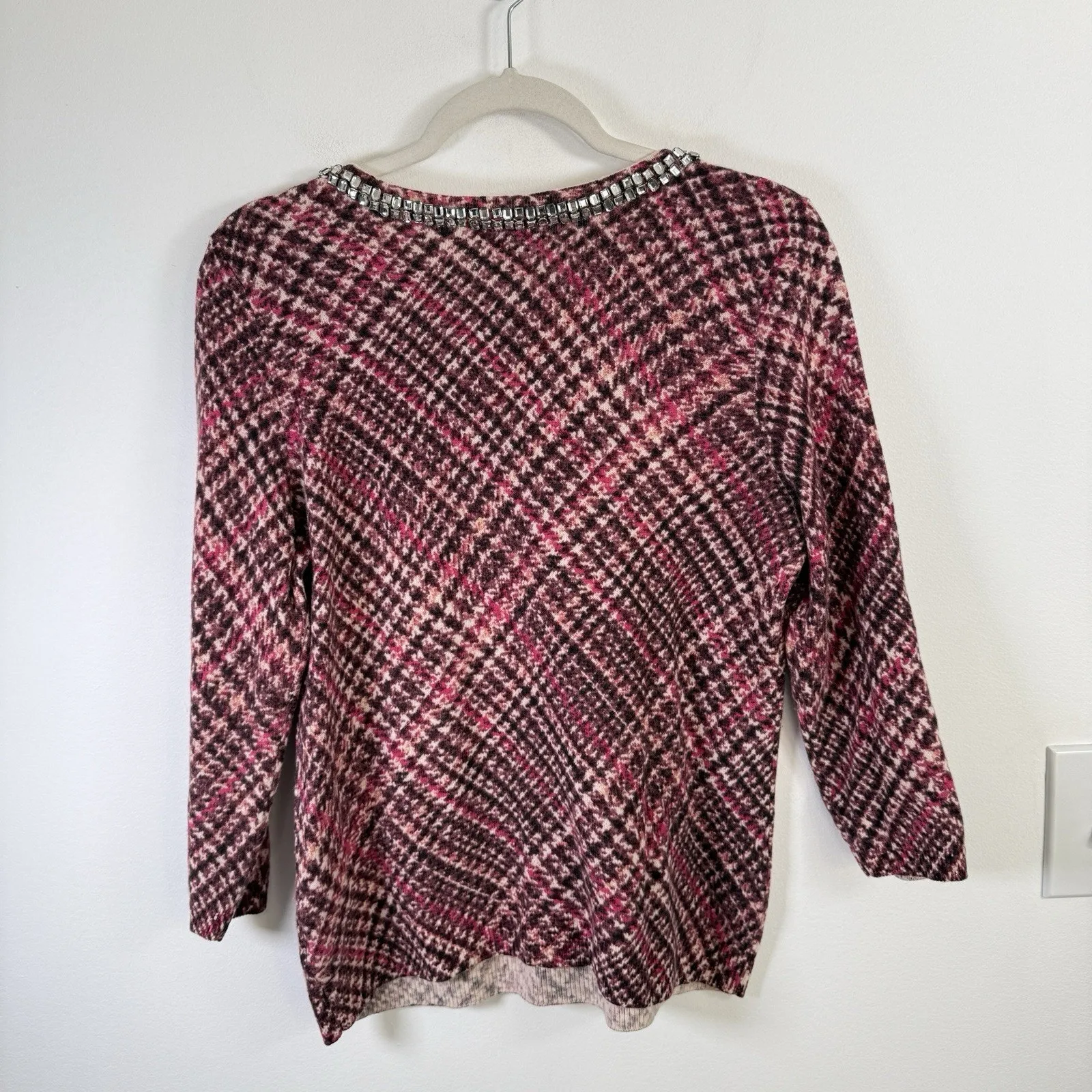 Talbots Pure Cashmere Pink Houndstooth Rhinestone Accent Sweater Preppy Women LP - Image 5
