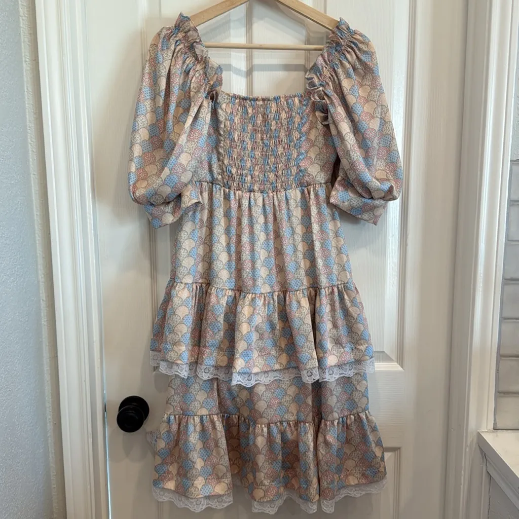 Dondolo smocked prairie inspired tiered lace detail midi dress Blue Size M - Image 8