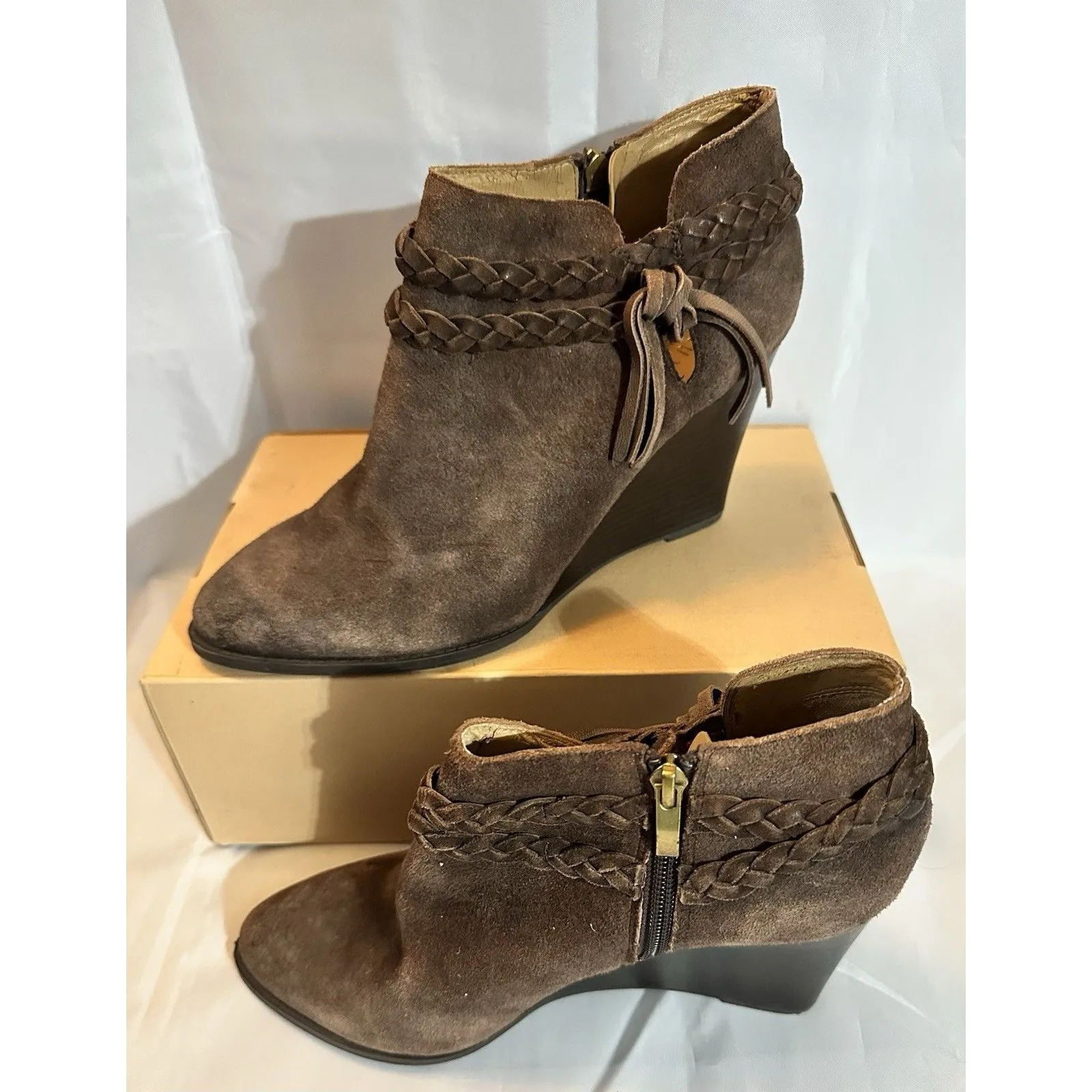 Women’s Franco Sarto Braided Fringe Brown Wedge Ankle Boots Bootie Sz. 10M - Image 3