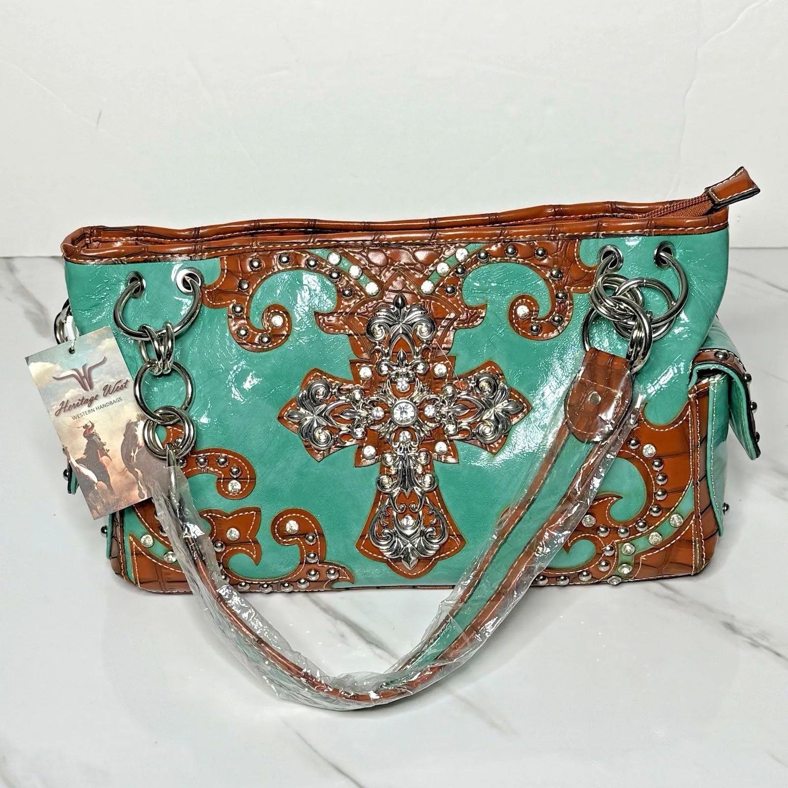 Western Turquoise Rhinestone Cross Handbag Tooled Brown Faux Leather Chain Strap Green - Image 4
