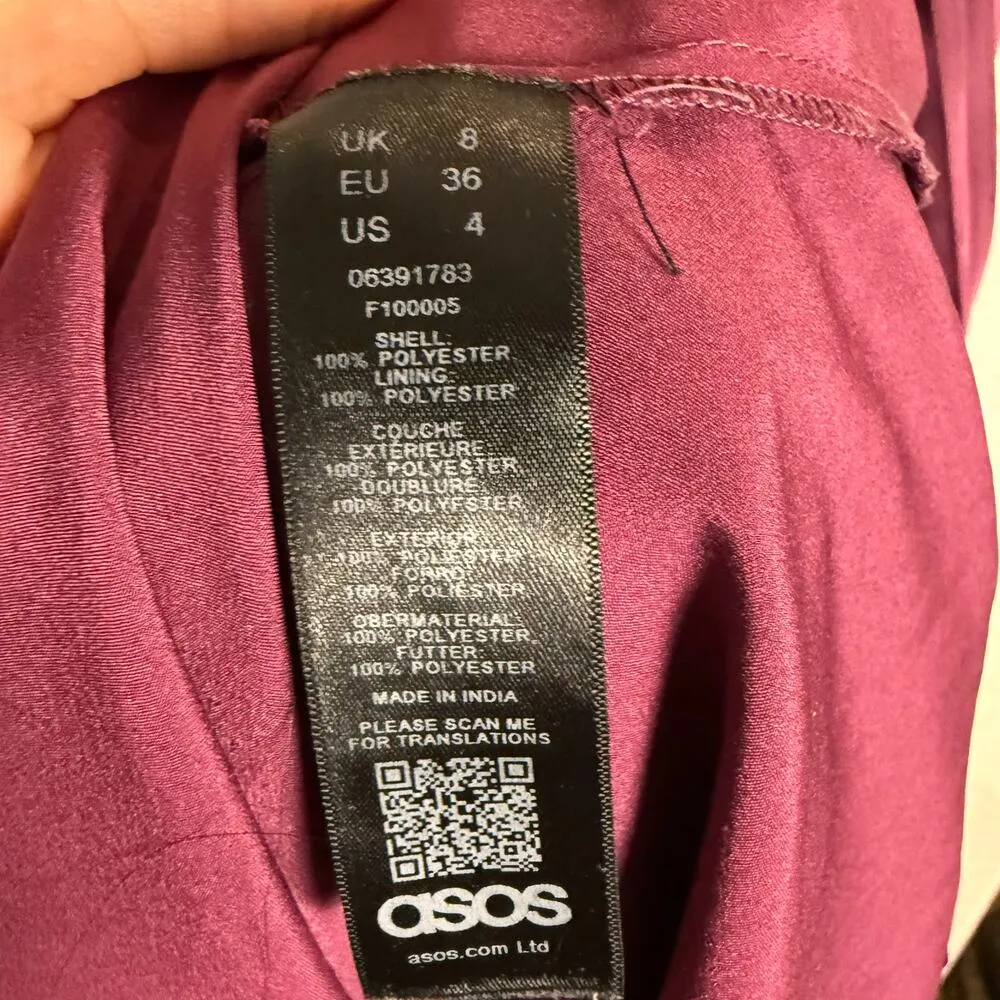 ASOS Plum Burgundy Satin Lace Trim Pleated Cold Shoulder Maxi Dress Size 4 - Image 10