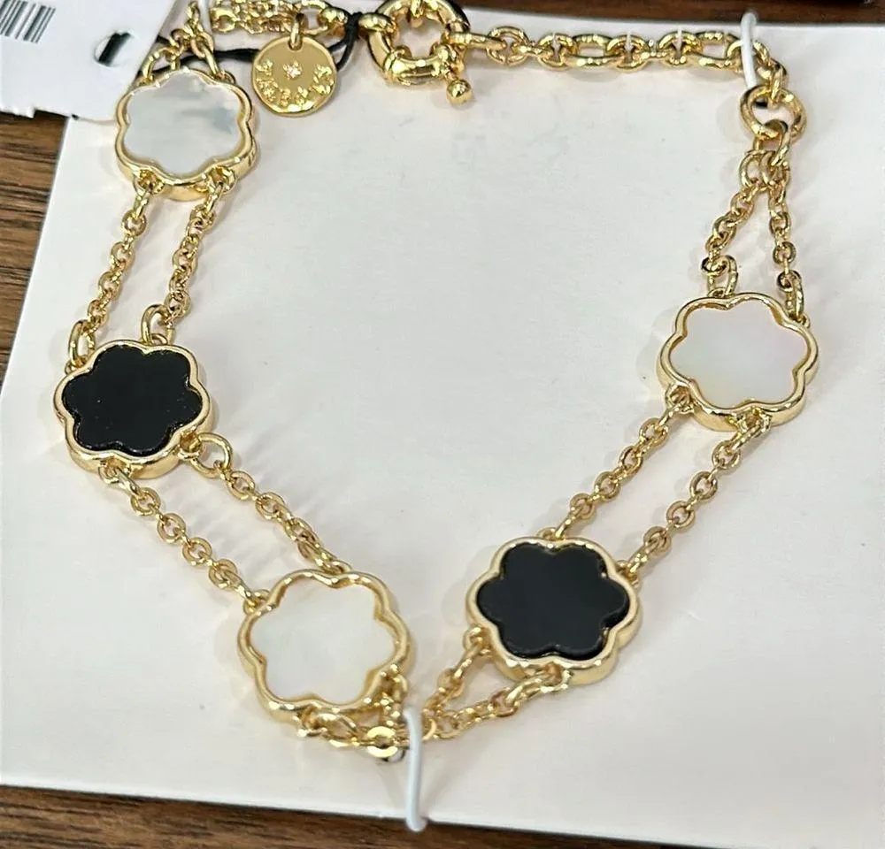 Talbots Flower Clover Bracelet Gold Double Chain Clasp Black White Pearl Jewelry - Image 3