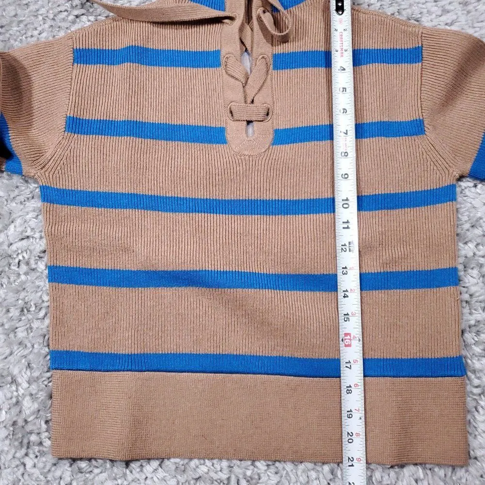 Everlane Lace Up Smock Sweater Knit Chestnut Brown Blue Striped Size XXS Wool - Image 9