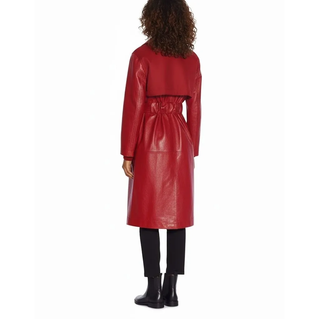 NWT Coach Leather Trench Coat in Red With Ruching Detail Belt Removable Hood 6 - Image 3