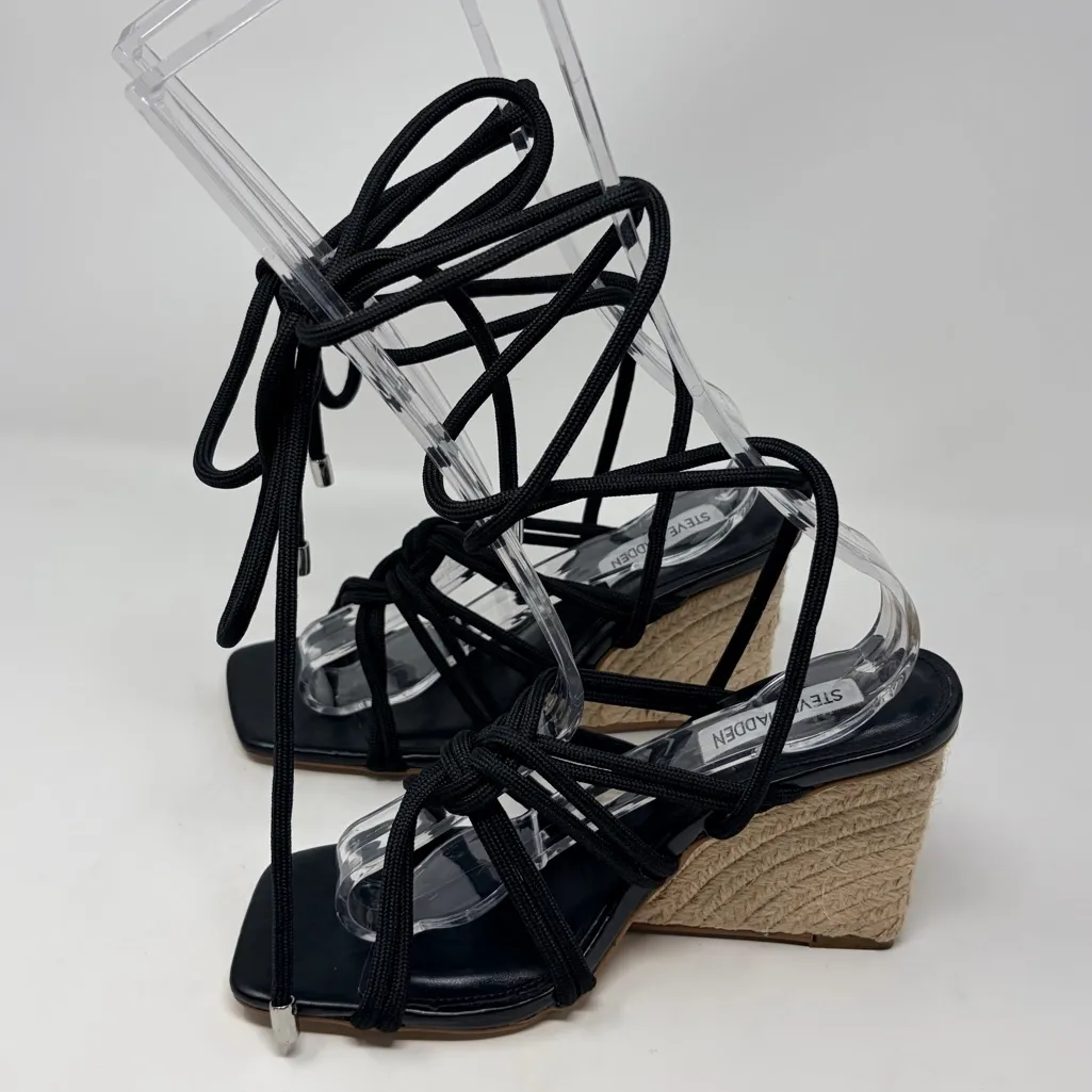 NEW Steve Madden Idolized Black Rope Ankle TIe Wedge Sandals, Size 7.5 MSRP $118 - Image 3