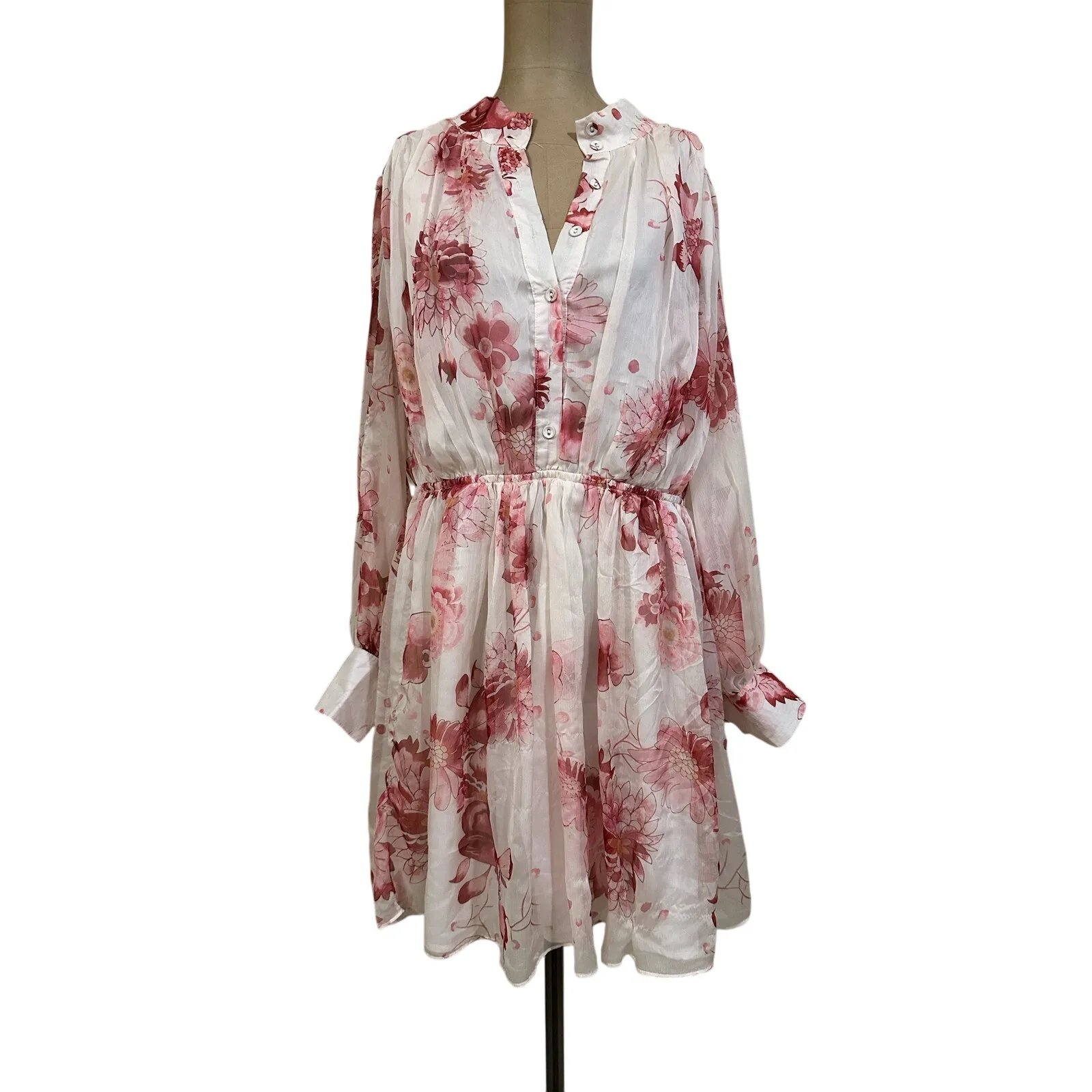 Sante Grace Vetements Mini Dress Sheer Pink Floral Empire Waist Long Sleeve Size 1X - Image 4
