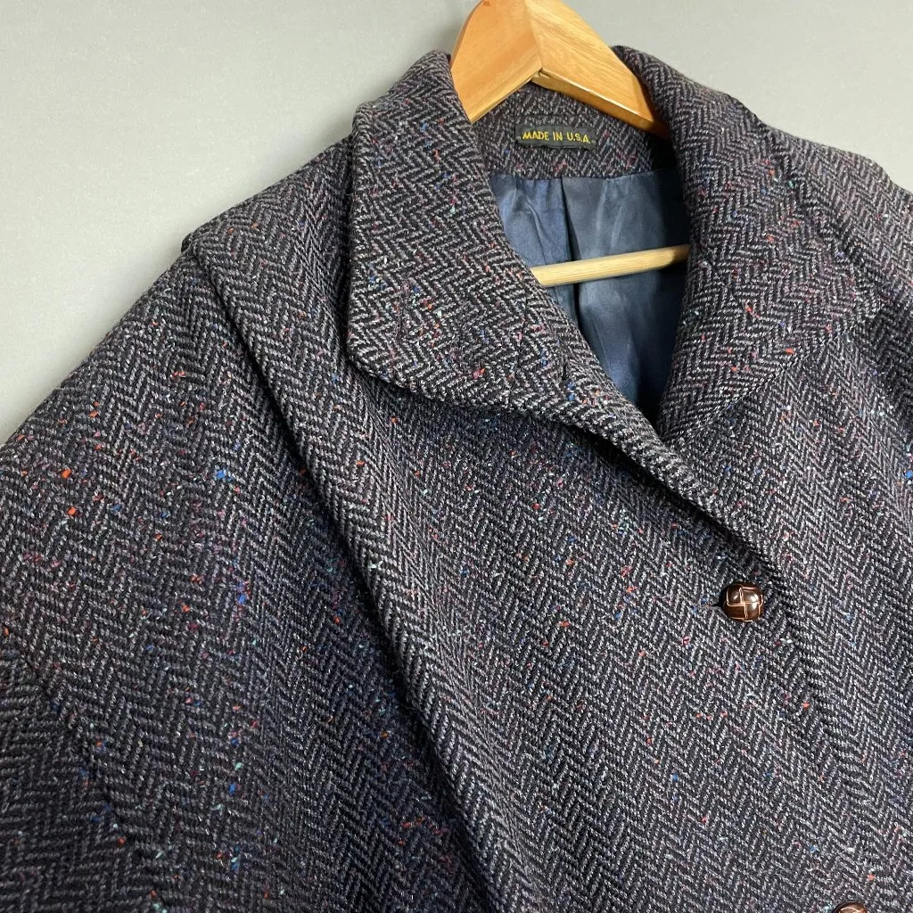 Vintage Wool Coat Tweed Batwing‎ Sleeve Car Coat Women Herringbone Retro Brown - Image 16