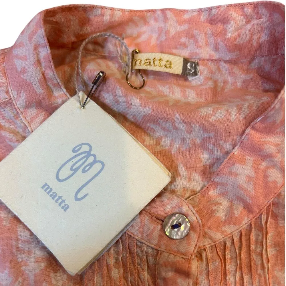 NWT MATTA Peach Iride Buti Top Pintuck Block Print Henley Tunic Women's SMALL Orange - Image 10