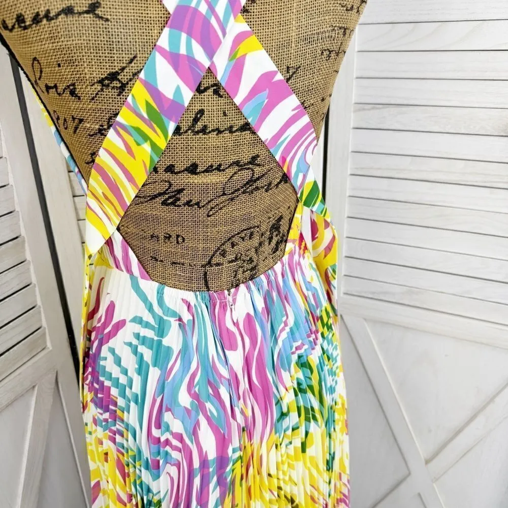 Milly Oria Waves of Zerbra Pleated Halter Maxi Dress Yellow Pink Multi Size 4 - Image 9