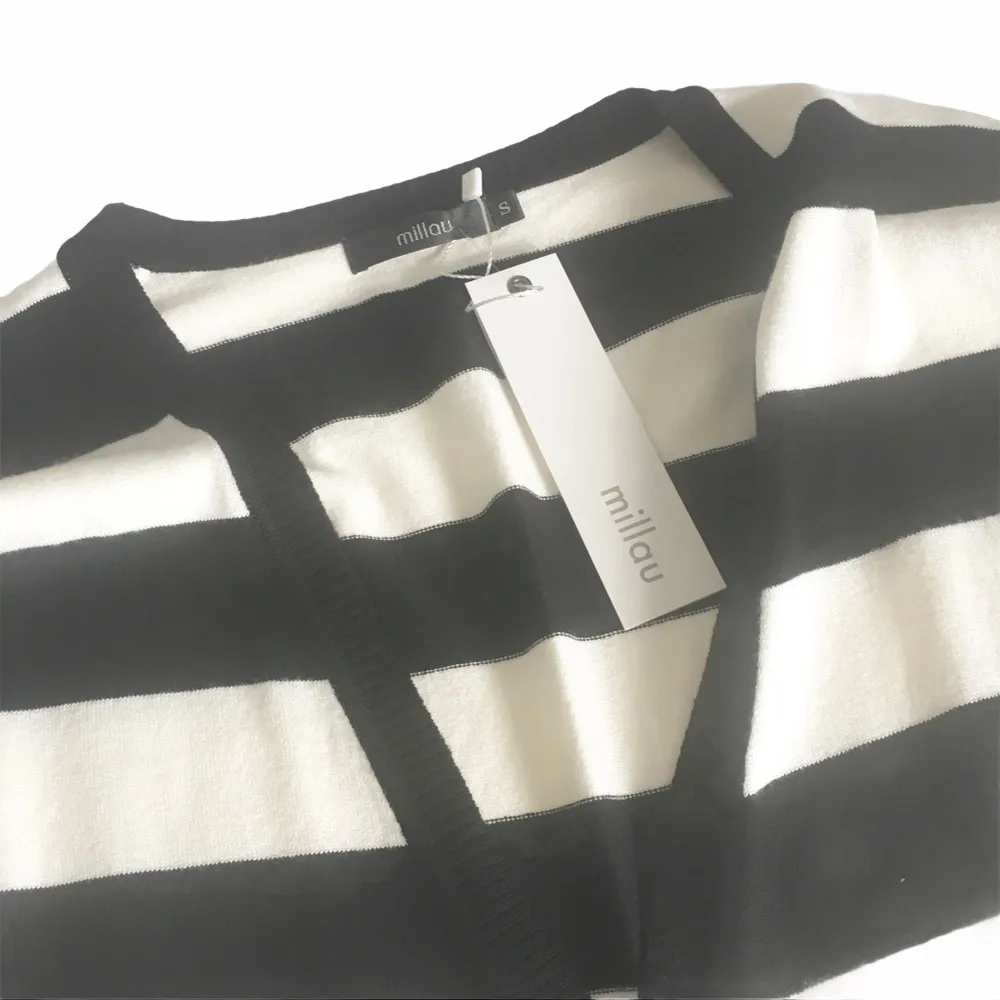 new LF Millau ᯾ Stripe V Neck Long Cardigan Duster Sweater ᯾ Black + White - Image 3