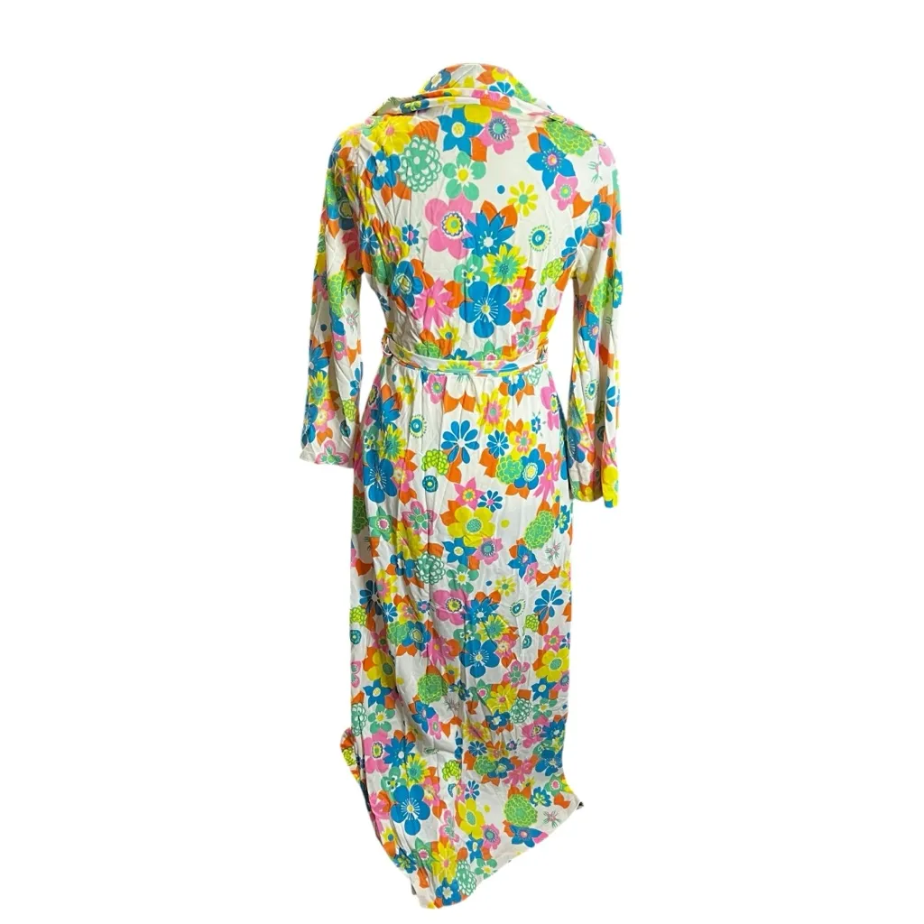 Vintage 60s Floral Maxi Dress Belted Hostess Lounge Dress Size 12 Pink - Image 7