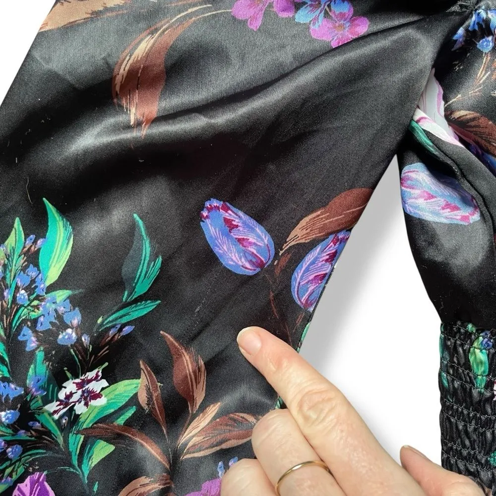 AFRM Florisa Satin Long Sleeve Smocked Top in Noir Bouquet Floral Black - Image 6