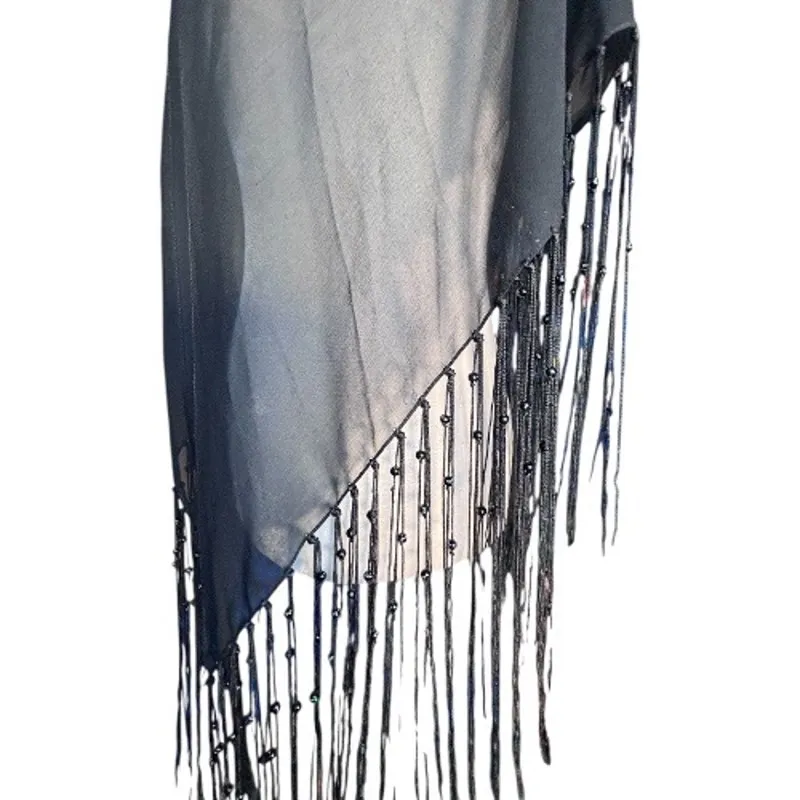 Sheer Black Fringe Shawl Beaded Wrap Evening Boho Hippie Lightweight Layer - Image 4
