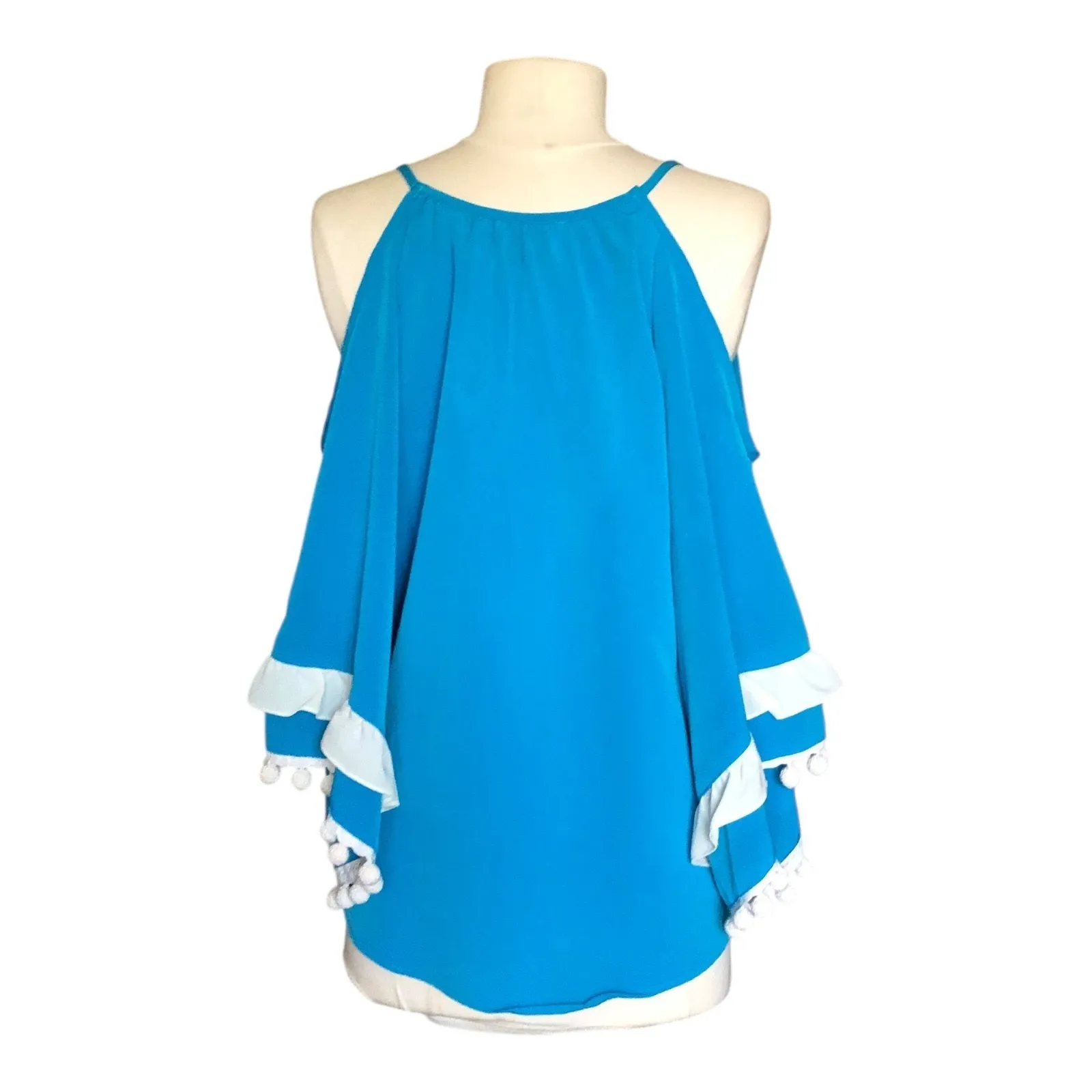 Vava by Joy Han Blue Cold Shoulder Top Pom Pom Trim Blouse Women's Size Small - Image 3