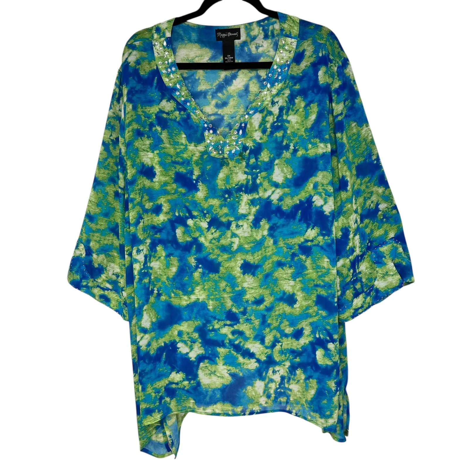 Maggie Barnes 3X Embellished Blue Green Tie Dye Kimono Tunic Top 26/28W - Image 8