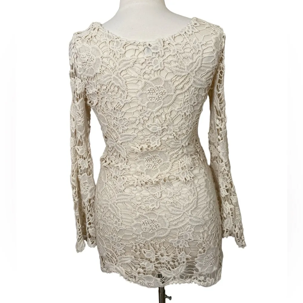 Boho Cream crochet Long bell sleeve mini dress Size L - Image 2