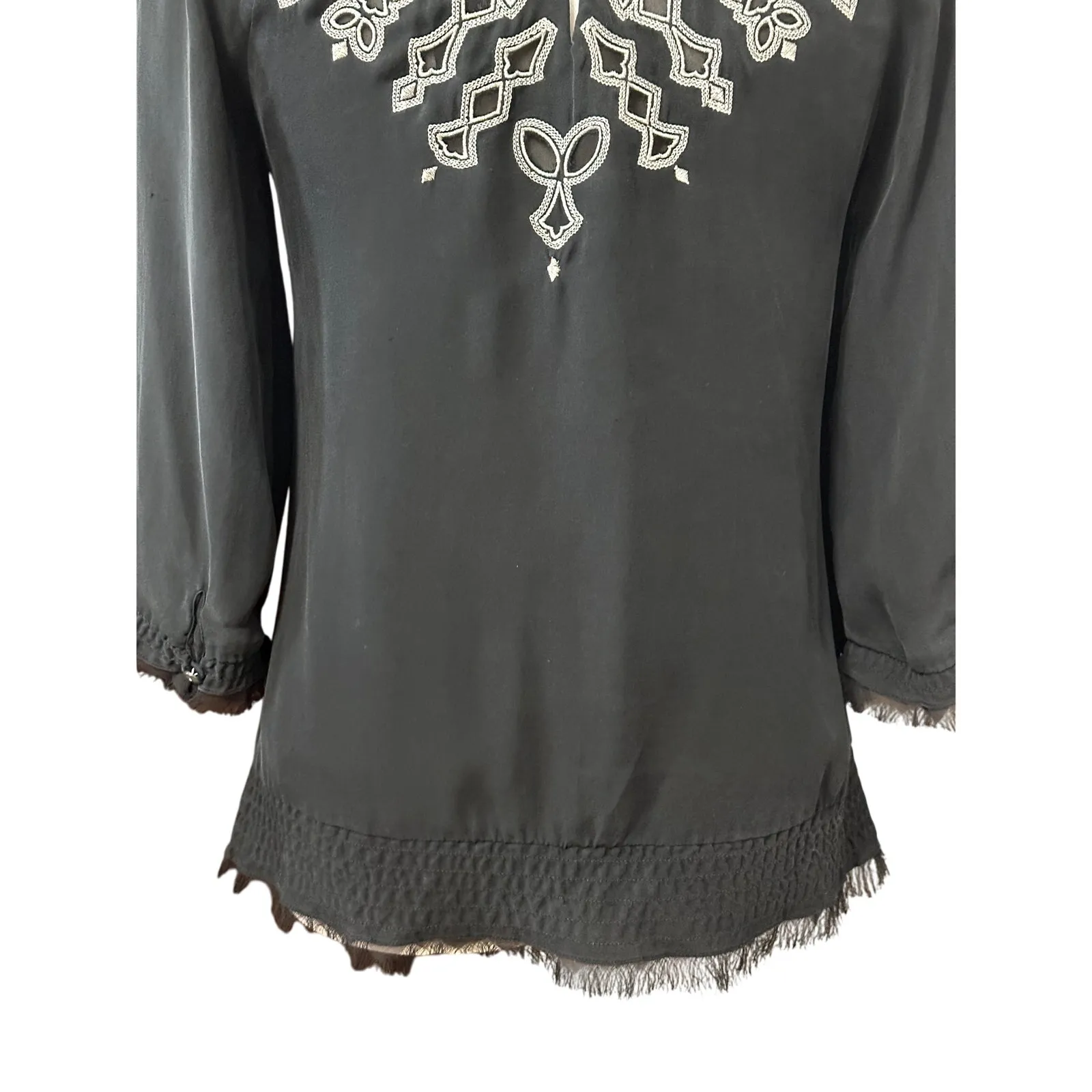 White House Black Market Blouse Fringed Embroidered V-Neck 3/4 Sleeves Black XS - Image 6