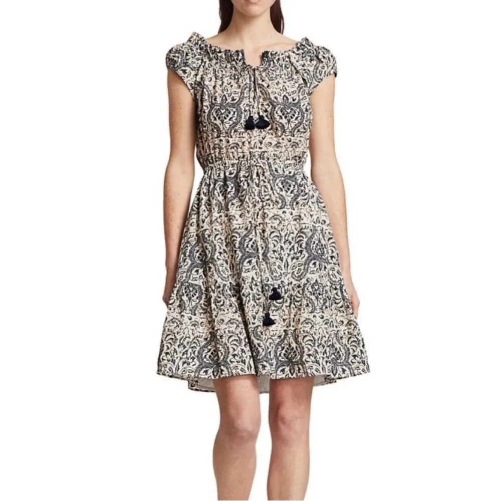 Figue Gianna Mini Dress XS Paisley Tan Blue Cotton Boho Beachy Coastal Tassel - Image 3