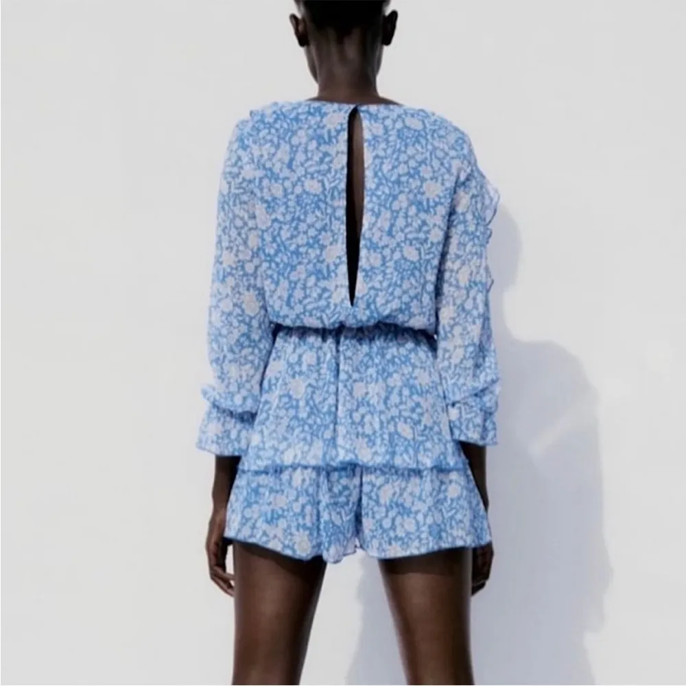 Zara Blue White Floral Ruffle Long Sleeve Short Romper NWT L - Image 2