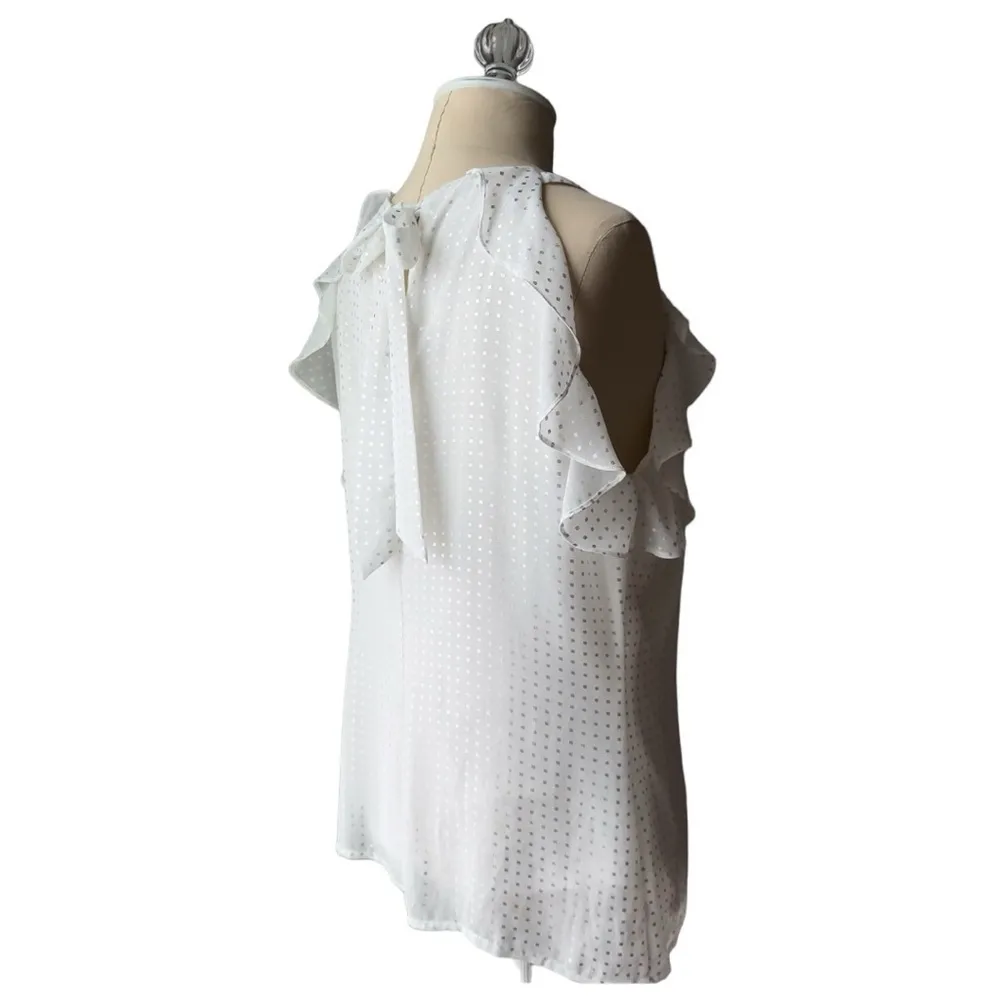 Cache  White Ruffle Flutter Halter Keyhole Top Blouse Sleeveless Size Medium NWT - Image 2