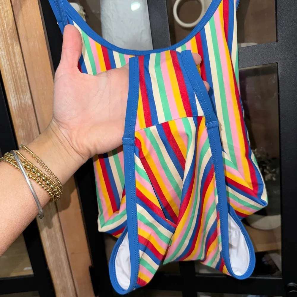 Hanna Andersson one piece swimsuit striped rainbow colorful scoop crisscross Blue Size M - Image 6