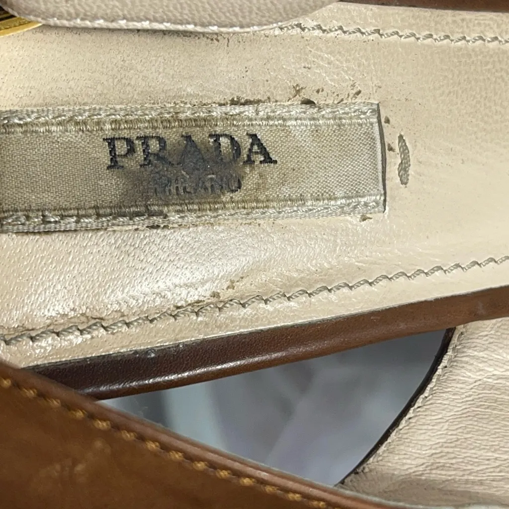Prada Milano Tan Leather Slingback Platform Heels Cork Sole Size 36 US 6 - Image 5