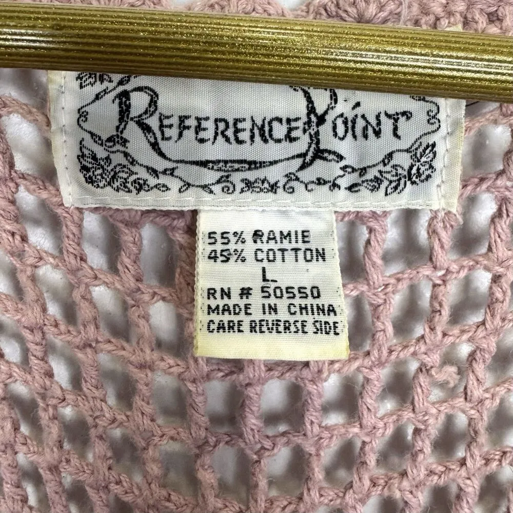 Vintage Y2K Womens Top L Pink Crochet Long Vest Boho Hippie Pearls Embellished - Image 8