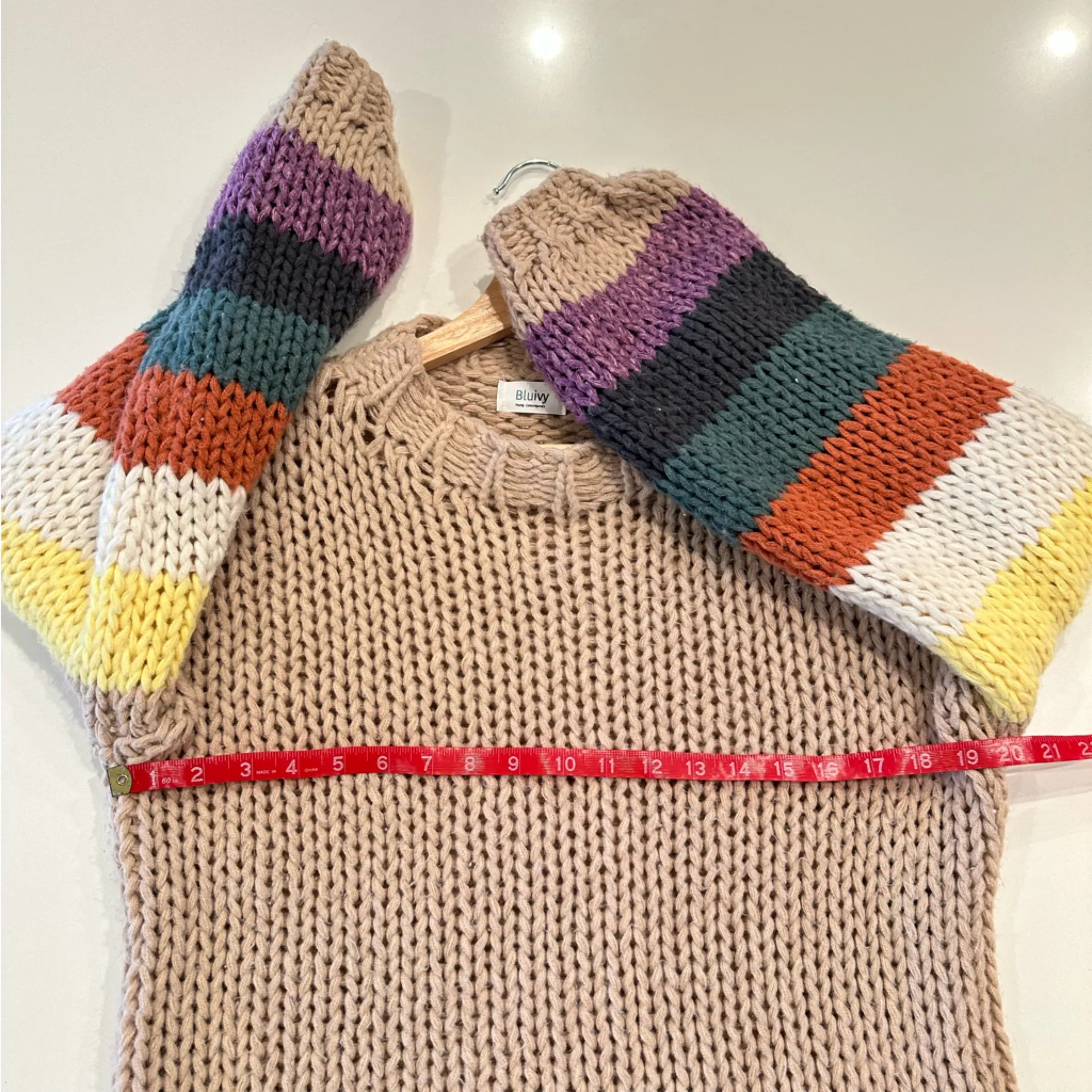 Colorful Chunky Knit Sweater Size S/M Tan - Image 4