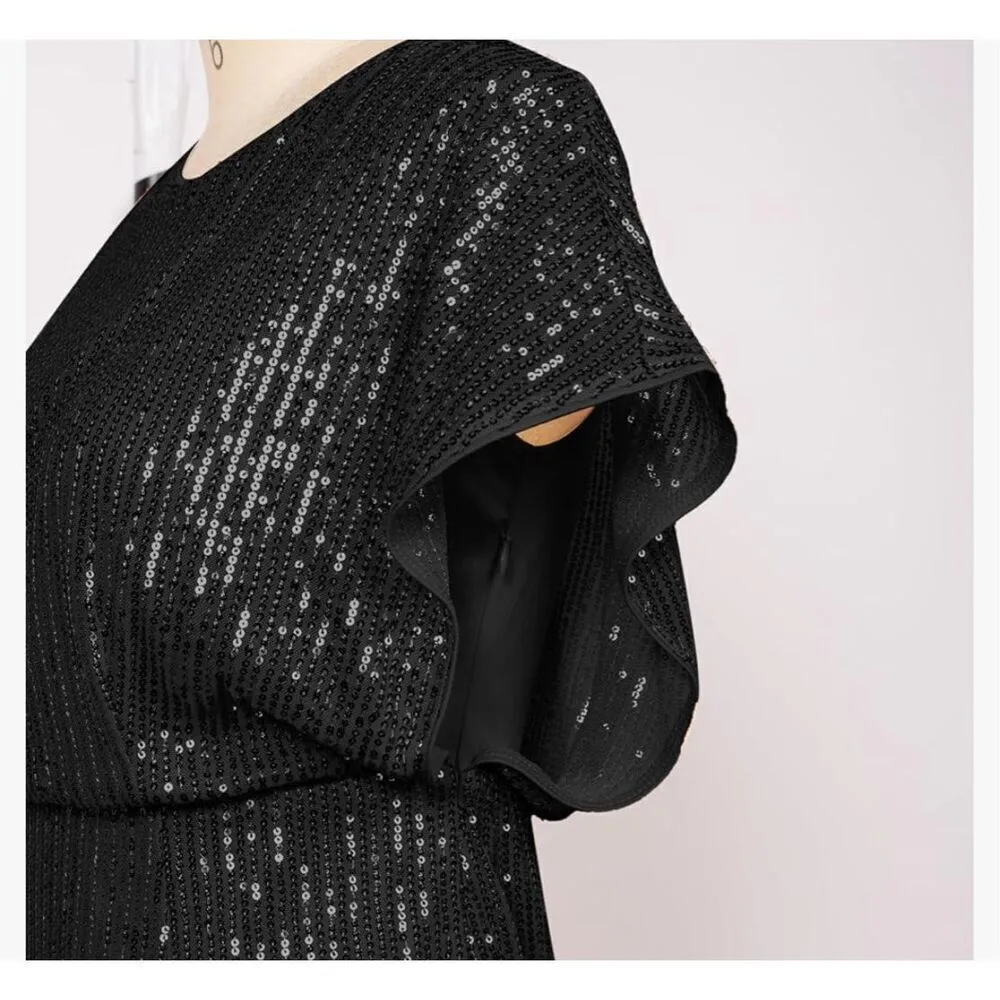NEW Sequin Dress Sparkly Glitter Dresses Slit Elastic Waist Cocktail S Black - Image 5