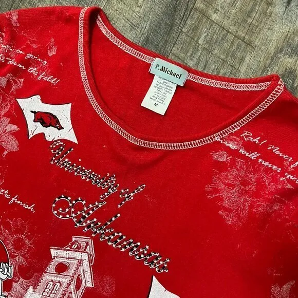 Vintage‎ 90s Arkansas Razorbacks Graphic Retro 3/4 Sleeve Top Womens Medium Red - Image 2