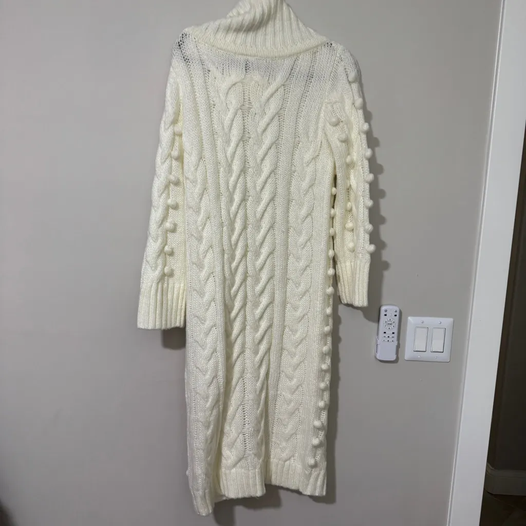 Farm Rio Chunky Cable Knit Sweater Dress Ivory Size XS Pompoms - Image 6