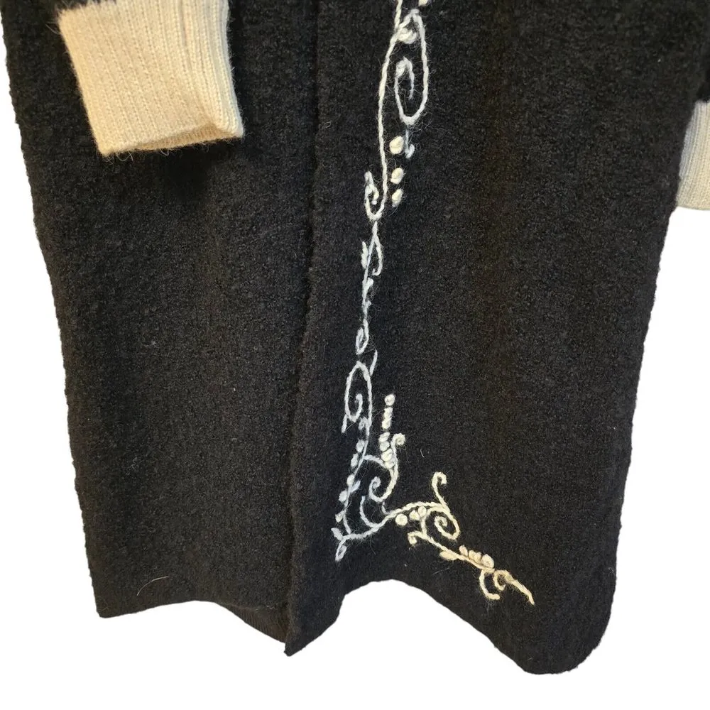 Womens Alpaca Wool Floral Embroidery Long Sweater Cardigan Heart Clasps Peru LRG Black Size L - Image 4