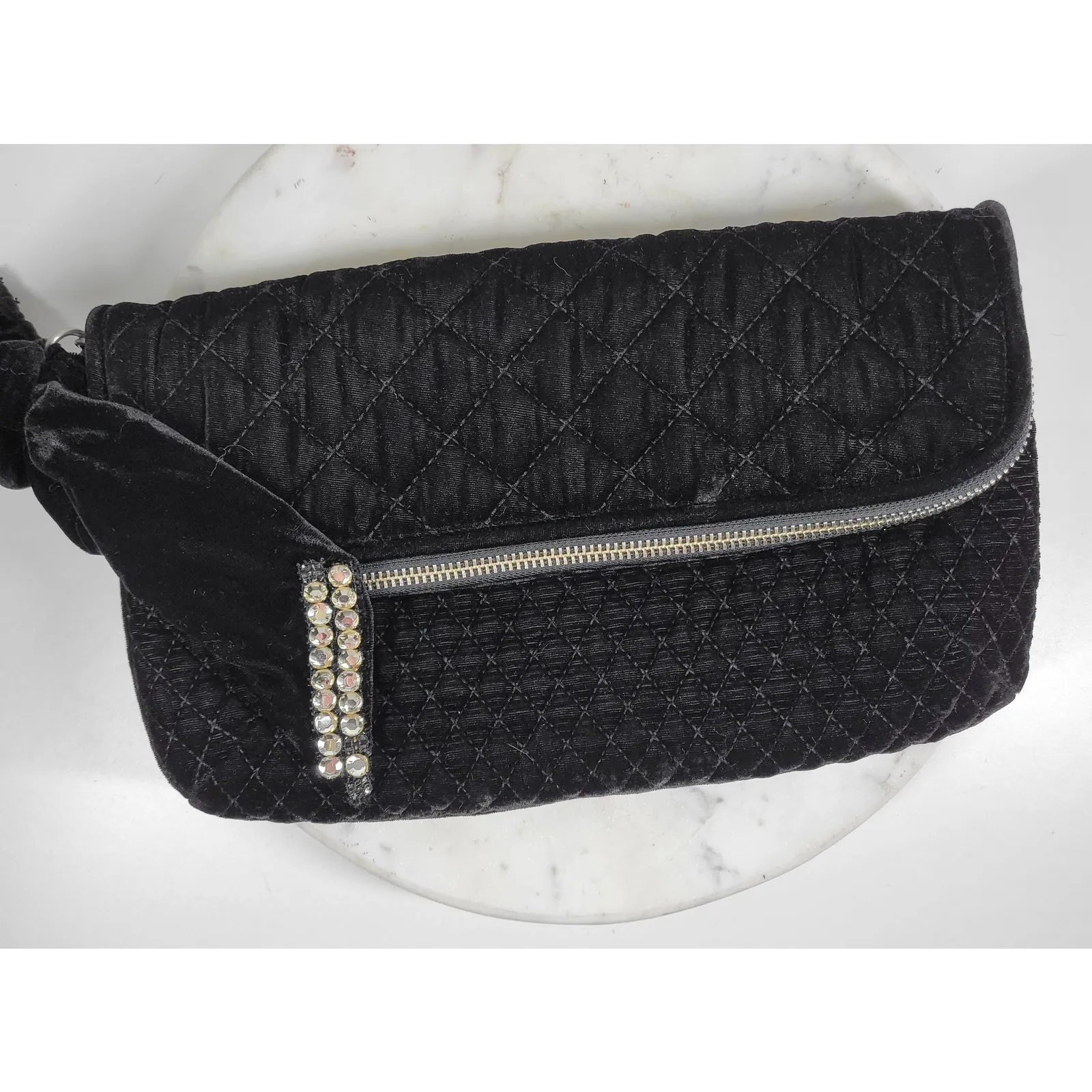 Juicy Couture Black Velvet Fold Over Clutch Quilted Rhinestone Bow Zipper Y2K - Image 10