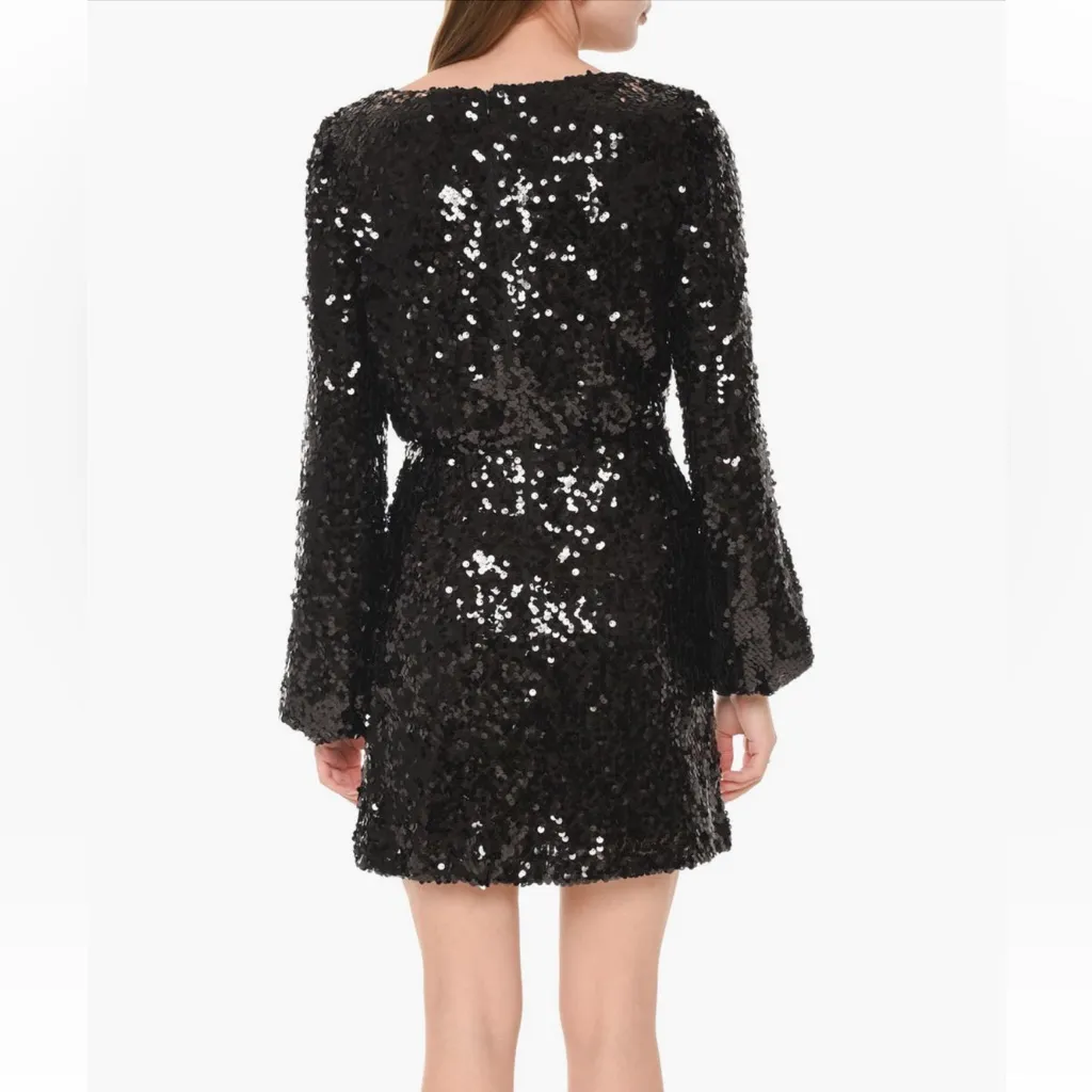 Wayf Black Carrie Long Sleeve Sequin Mini Dress V Neck Lined Size Medium - Image 5