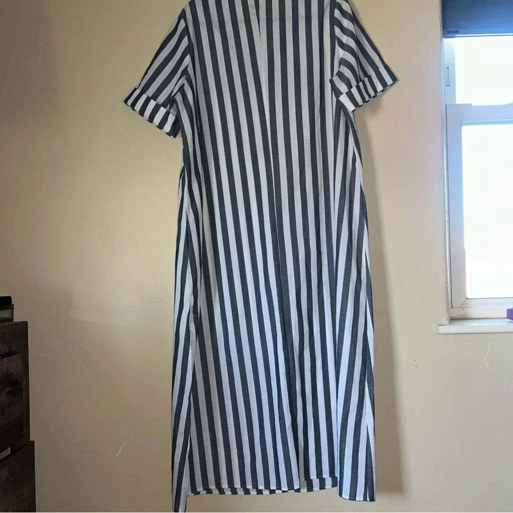 Emery Rose Grey And White Vertical Stripe Short Sleeve Maxi Dress Sz XL Black - Image 8
