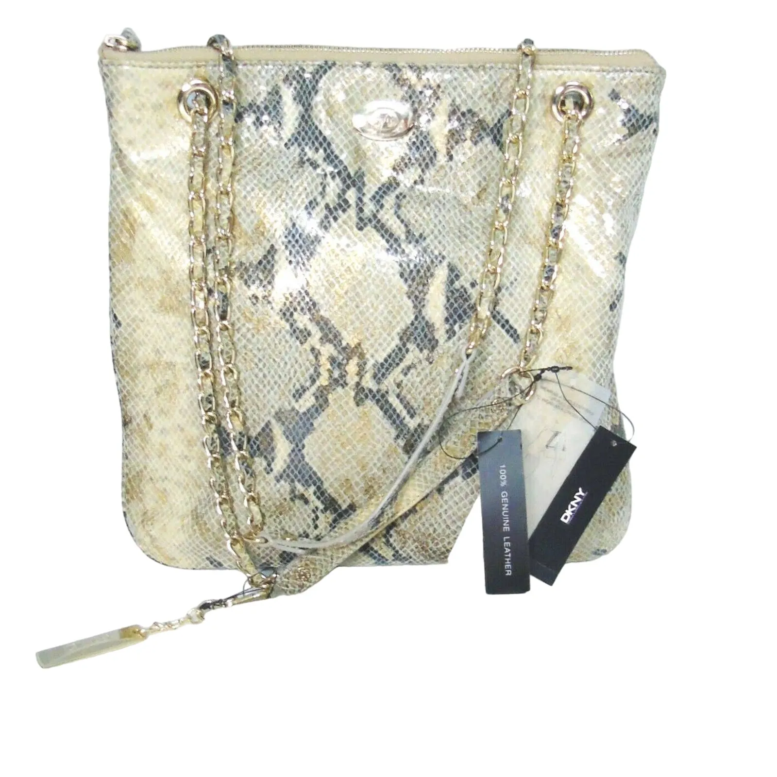 Dkny Leather Handbag Gold Gray Python Snakeskin Crossbody Shoulder Chain Purse - Image 2