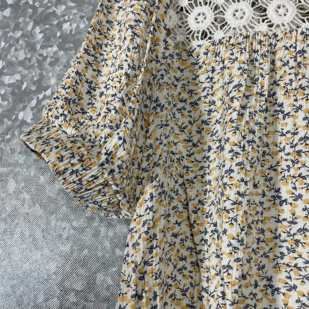 Everleigh Women's Butter Yellow Calico Lace Yoke High Neck Boho Top - Image 3