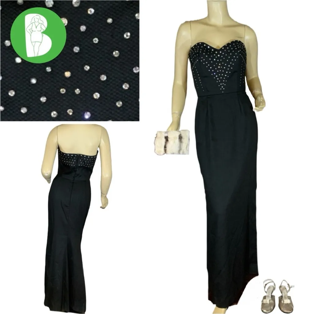 VICTOR COSTA VINTAGE 1980'S BLACK RHINESTONE ACCENT STRAPLESS COCKTAIL DRESS (6) - Image 2