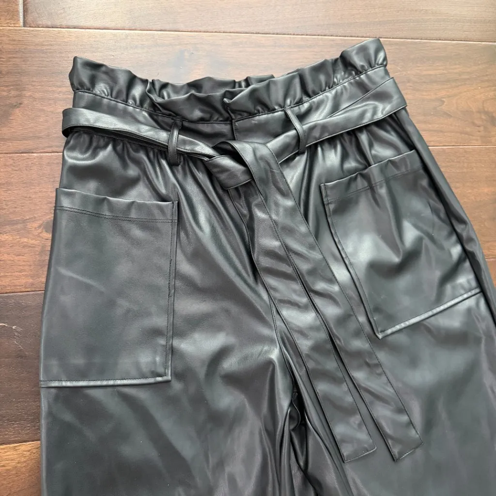 WHO WHAT WEAR Pleather Faux Leather Paper Bag Waist Barrel Pants Size Medium - Image 3
