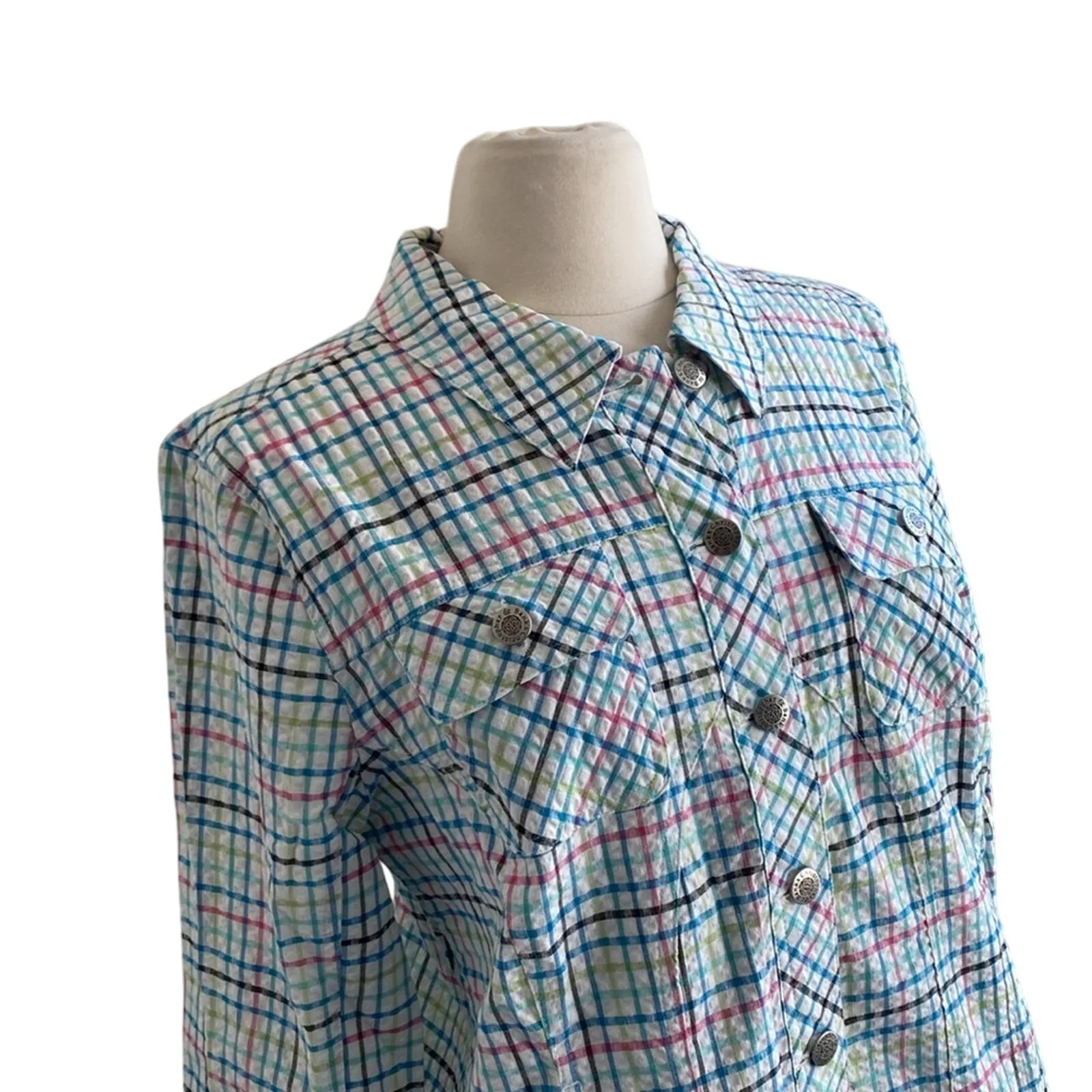 CHRISTOPHER & BANKS Plaid Seersucker Button Down Shirt Womens Sz Medium White - Image 2