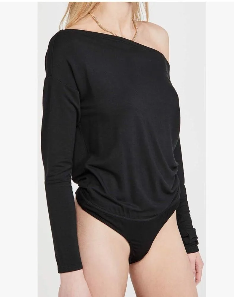 PAIGE womens Suvi Bodysuit Off the Shoulder Long Sleeve in Black. Sz Med - Image 3