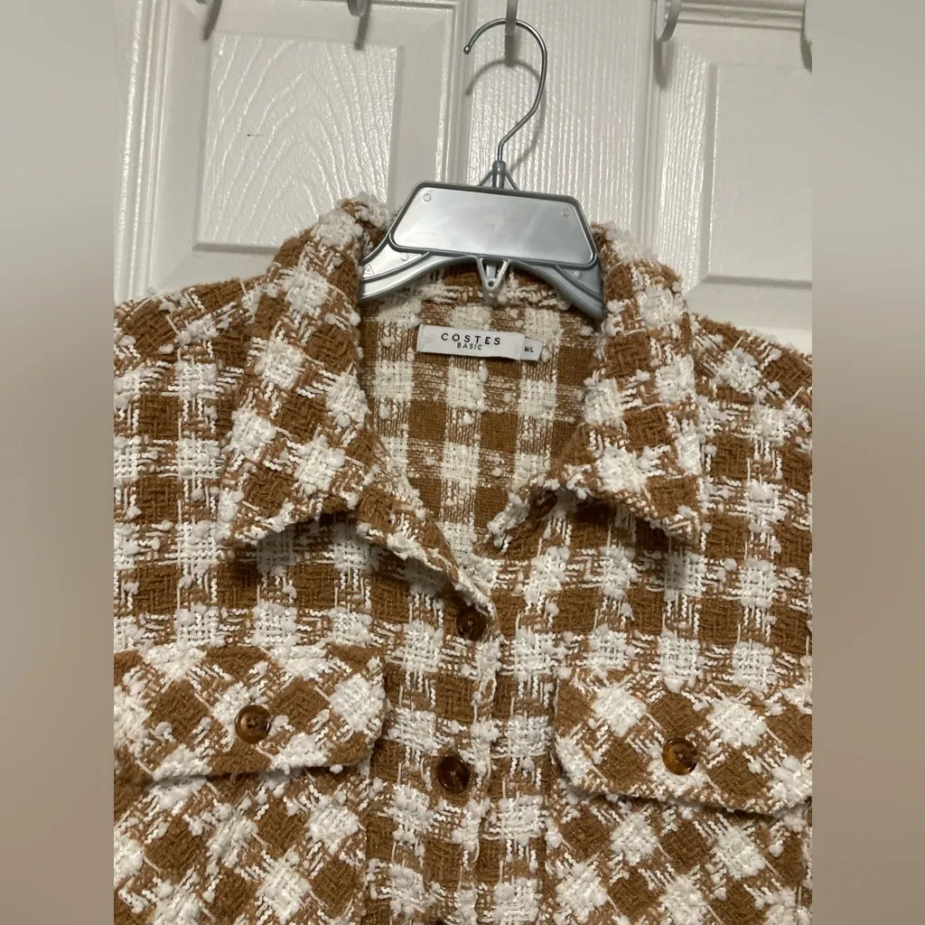Costes Basic Chic Camel Brown & White Skyler Plaid Button Down Shacket Shirt Size undefined - Image 5