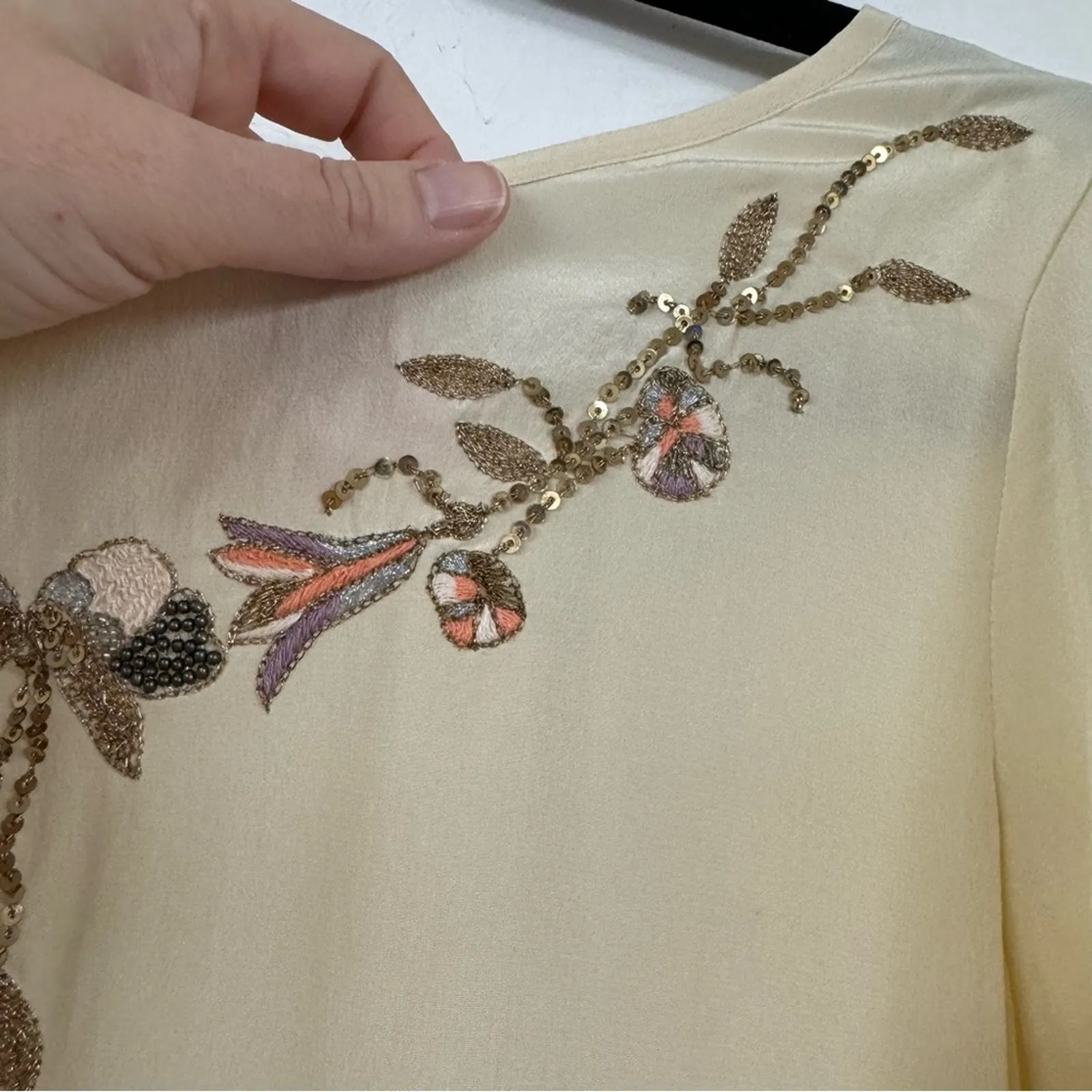 Ulla Johnson Cream Silk Sequined Neckline Draped Back Blouse Womens 2 Beaded - Image 3