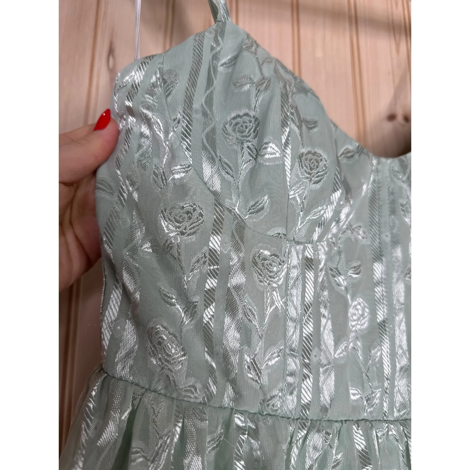 NWT Lulus Stunning Glory Sage Green Floral Jacquard Tiered Maxi Dress Party Sz M - Image 5