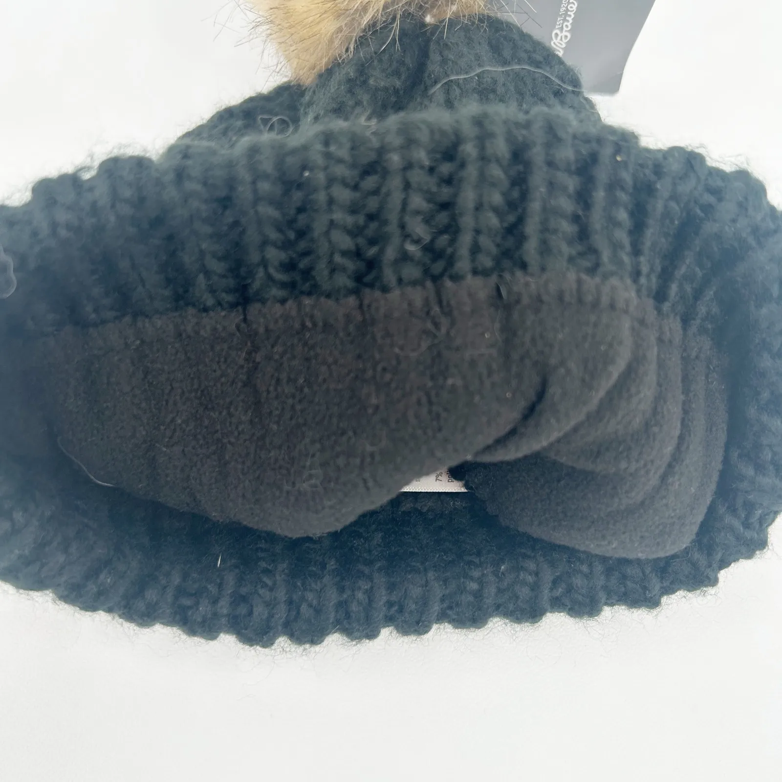 NWT Eddie Bauer Womens Cabin Faux Fur Pom‎ Pom Beanie Black Knit Winter Hat - Image 5