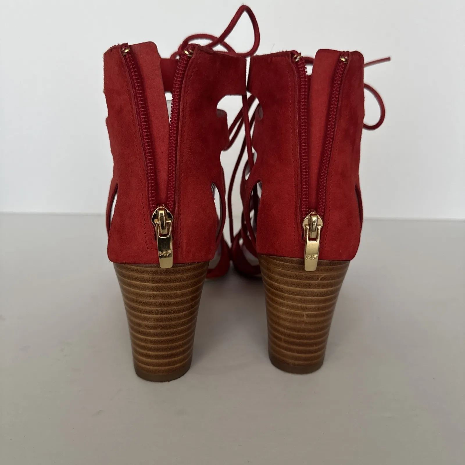 Marc Fisher Gladiator Heels Paradox Red Women 8‎ W Suede Lace Up Gold Zip Party - Image 3