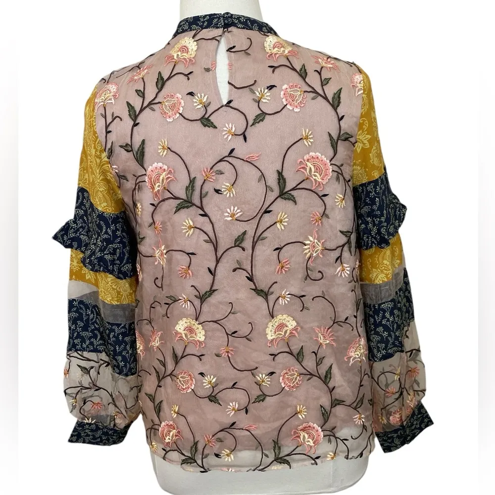 Anthropologie Let me be love actually boho embroidered silk blouse Size L - Image 6