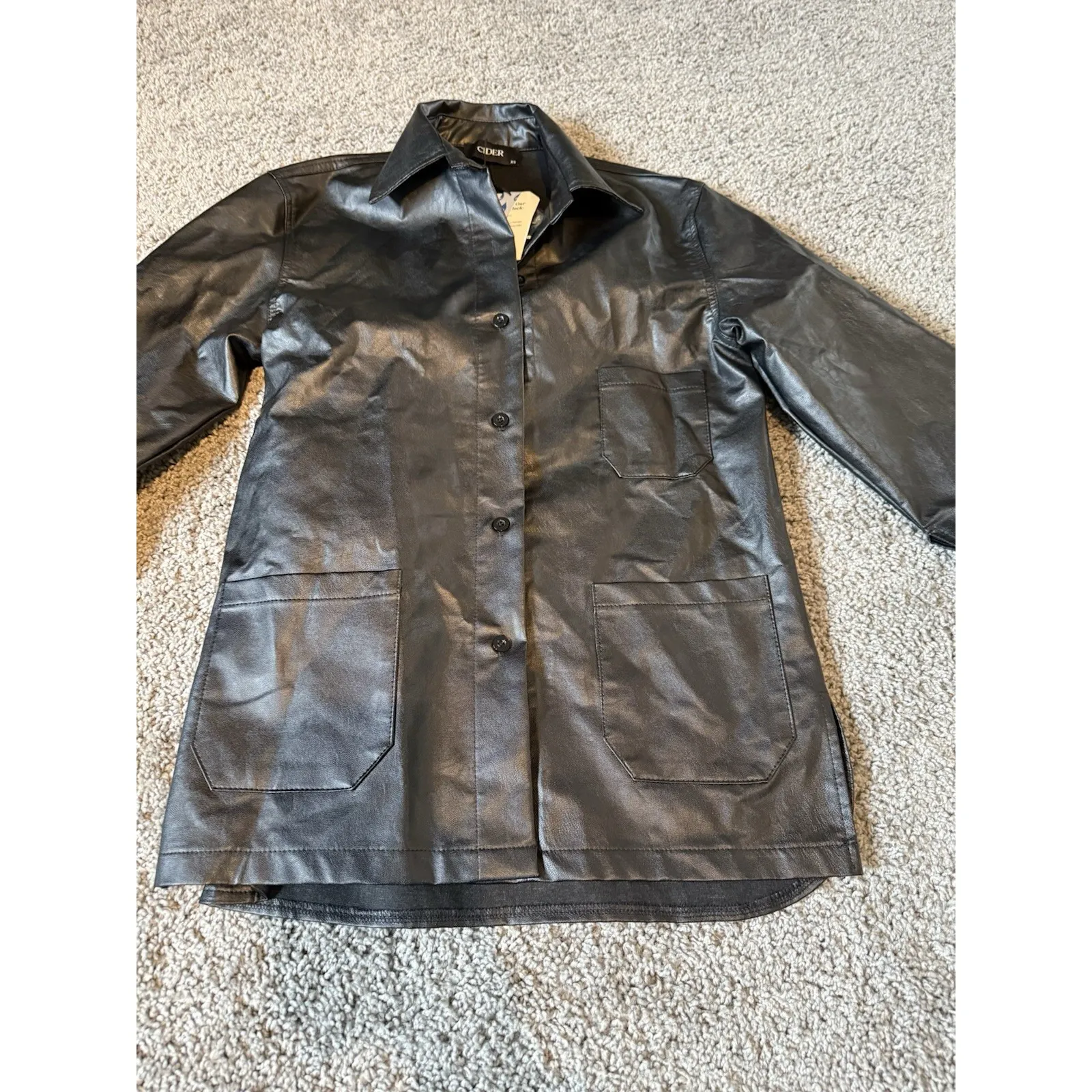 CIDER Women's Oversized Black Faux Leather Jacket Size XS (A525) - Image 2