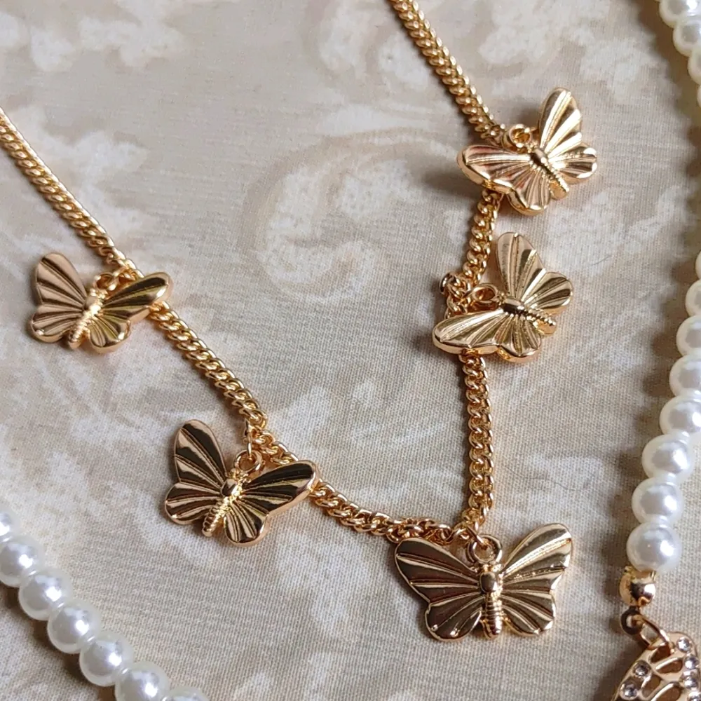 Gold & Pearls Butterfly Double Necklace Set - Image 3